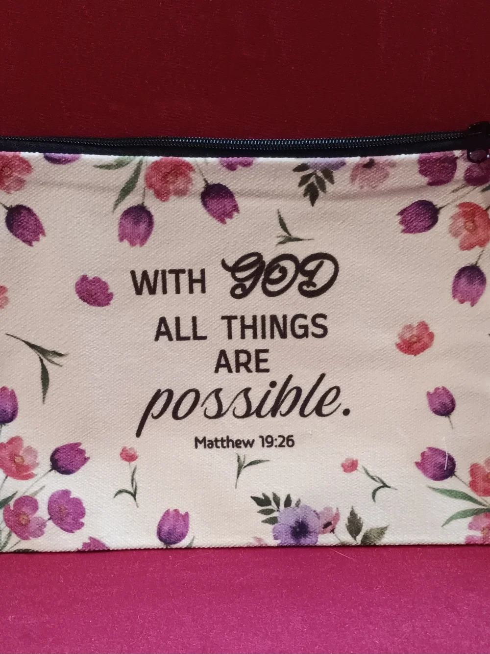 Inspirational Floral Canvas Makeup Pouch - Cream with Pink & Purple Flowers